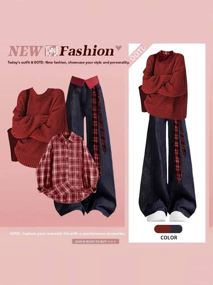 Sli College Winter Outfit Tee-Piece Set Red Sweater Plaid irt Wide Leg Jeans High Waist Trousers Casual Wear