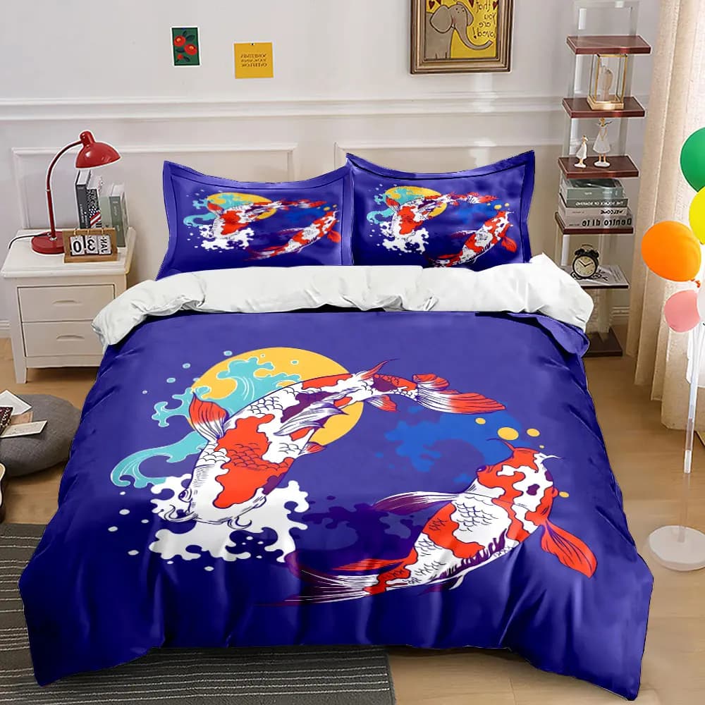 Set di biancheria da letto con copripiumino morbido e confortevole, decorazione artistica per la casa con pesci Koi, include 1 copripiumino e 2 federe, idea regalo