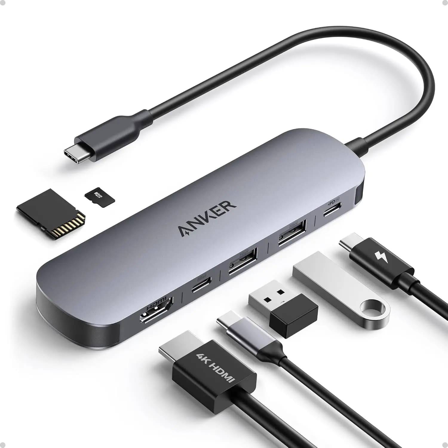 Hub USB C Anker, Adattatore Multi-Porta 7-in-1 per Laptop/Mac, Splitter USB C a HDMI 4K@60Hz, Alimentazione Massima 85W, 3xUSB-A