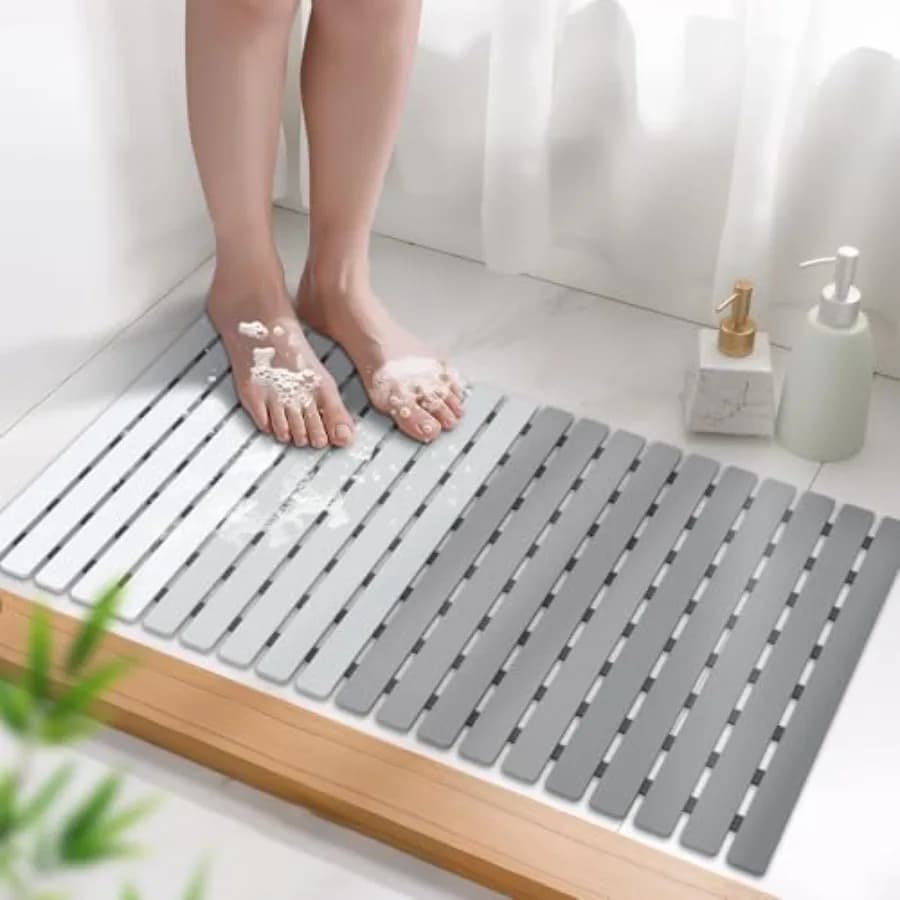 Tappetino Antiscivolo per Vasca da Bagno e Doccia con Foro di Drenaggio e Grandi Ventose, Grigio Sfumato, 27,5 X 15,7 Pollici