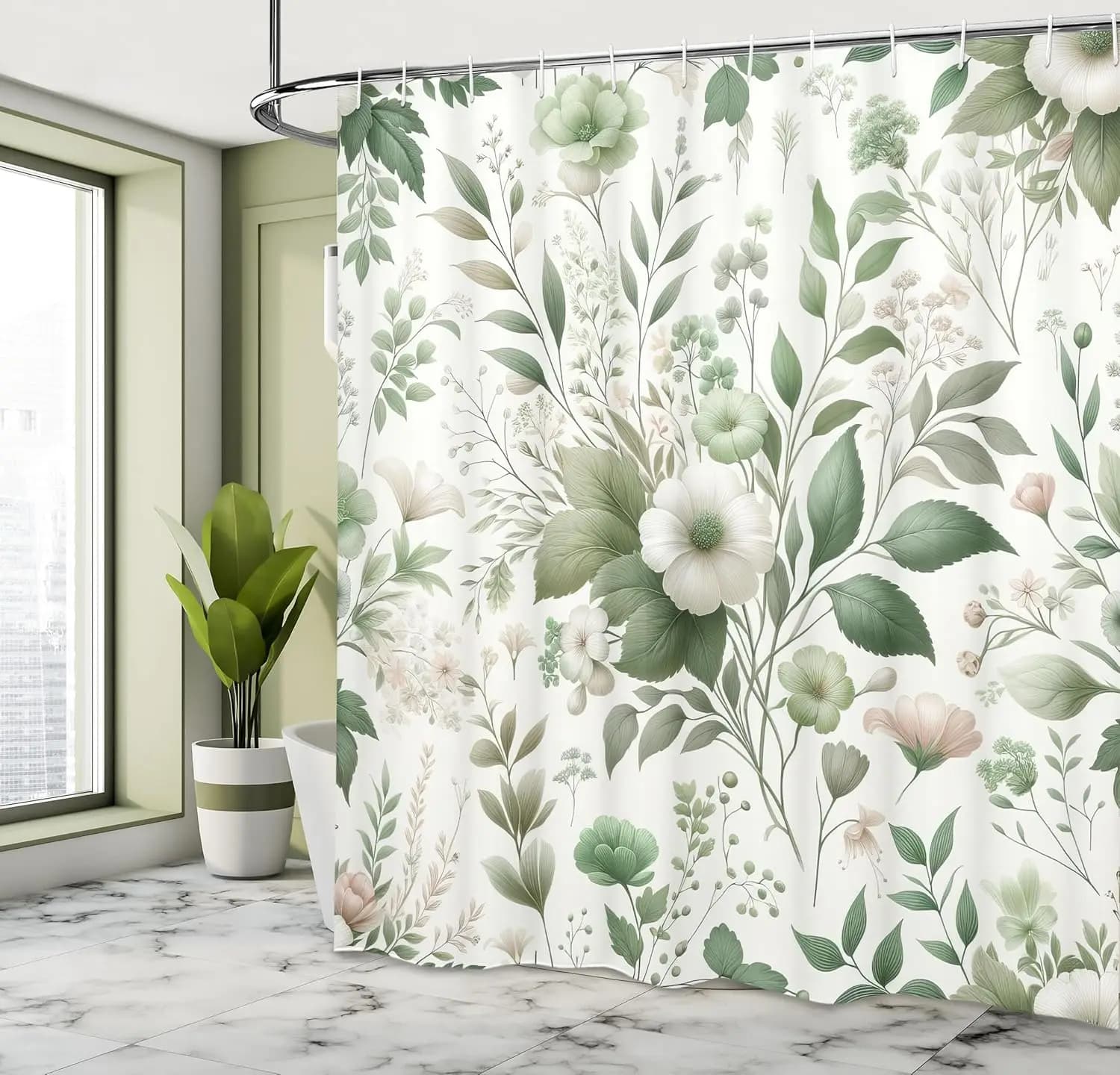 Tenda da doccia verde, sensazione di primavera a tema fattoria vintage fiori e foglie stampa giungla urbana, bagno in tessuto di stoffa