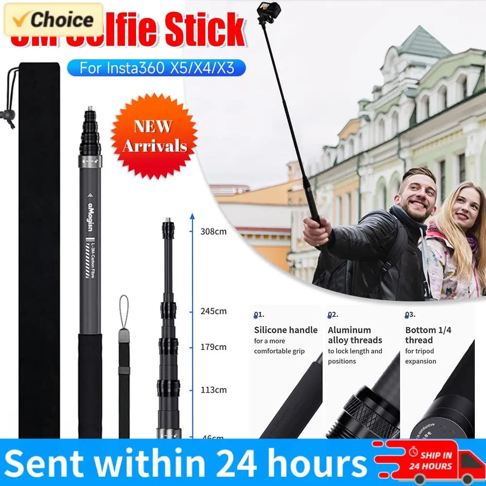 Bastone selfie estensibile in fibra di carbonio 3M per Insta360 X5/X4/Ace Pro2, monopiede invisibile allungabile per DJI OSMO e Gopro Hero