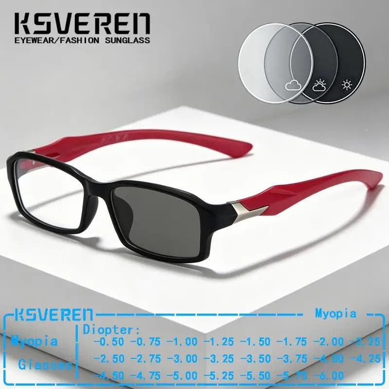 Occhiali da Vista Fotocromatici Quadrati TR90 per Miopia, Unisex, Sportivi, con Lenti Ottiche Graduate e Protezione Solare che Cambiano Colore
