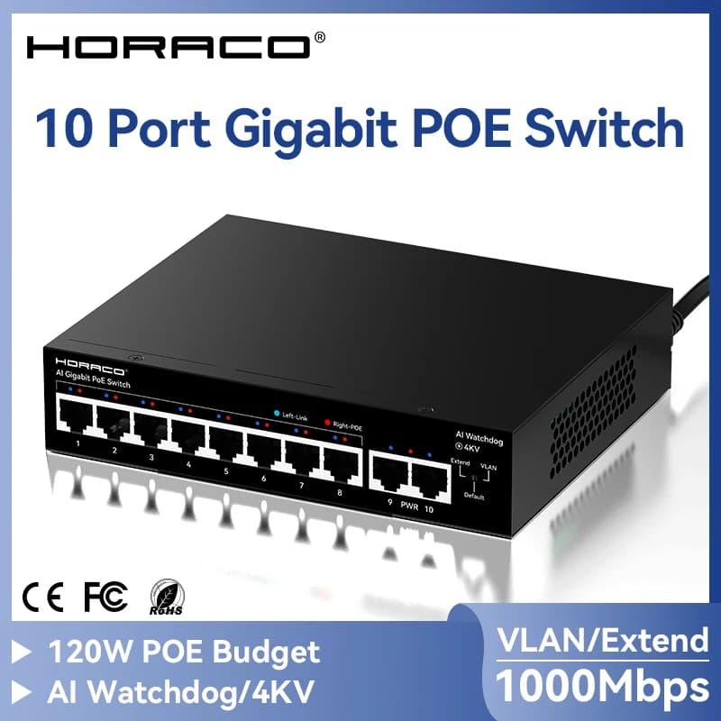 Switch POE Gigabit a 8 Porte HORACO 1000Mbps, Switch di Rete POE Attivo per Telecamere IP, NVR, Videosorveglianza, CCTV, Telecamere POE