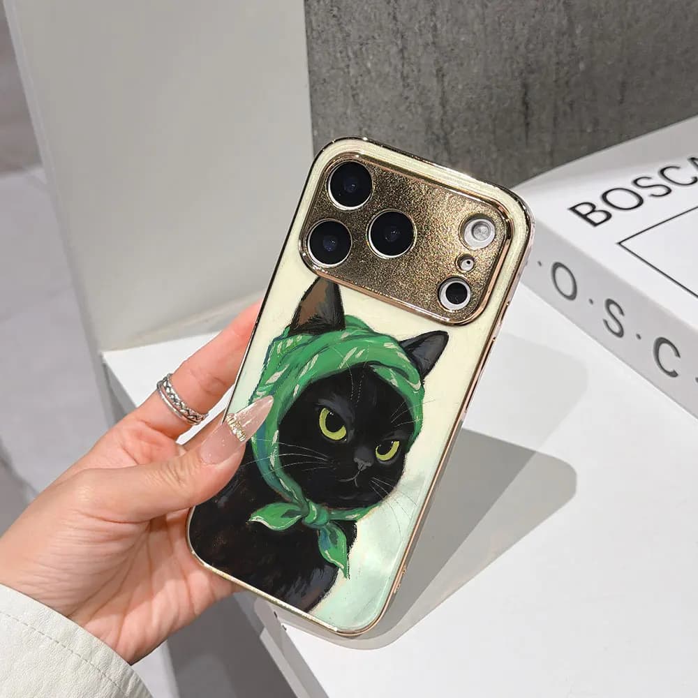 Horizon Phone Case For iPhone 17 16 15 14 13 12 Pro Max 16E Gold Electroplated glass shell Chic Black Cat Green Headscarf Cover