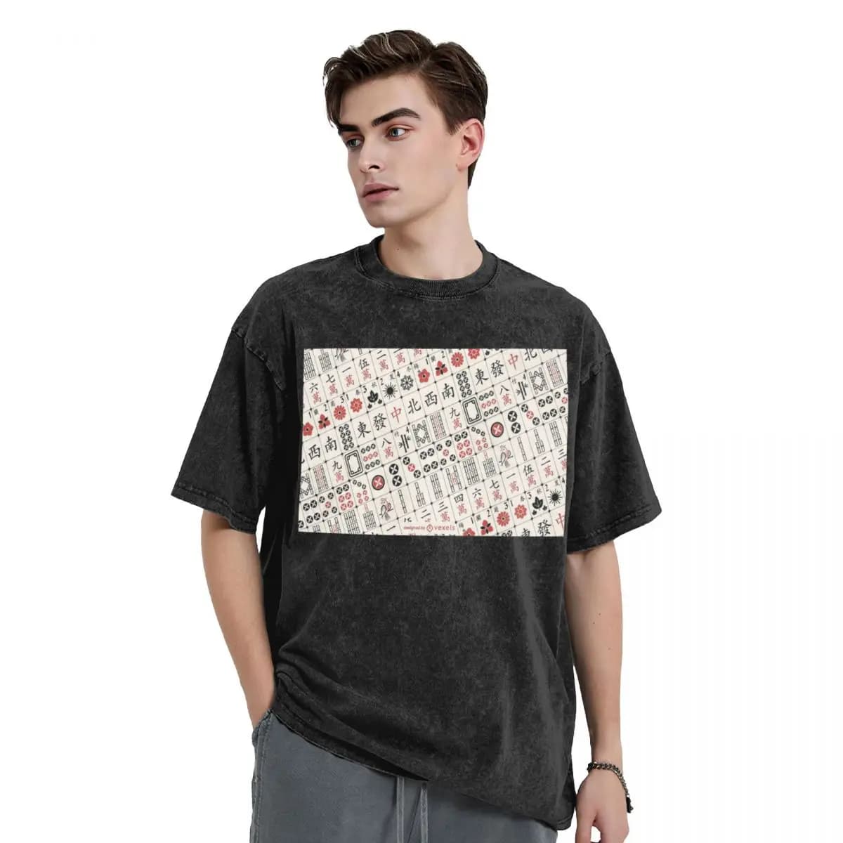 T-shirt lavate con motivo piastrella Mahjong T-shirt hip-hop a maniche corte Harajuku Streetwear Top T-shirt per uomo donna