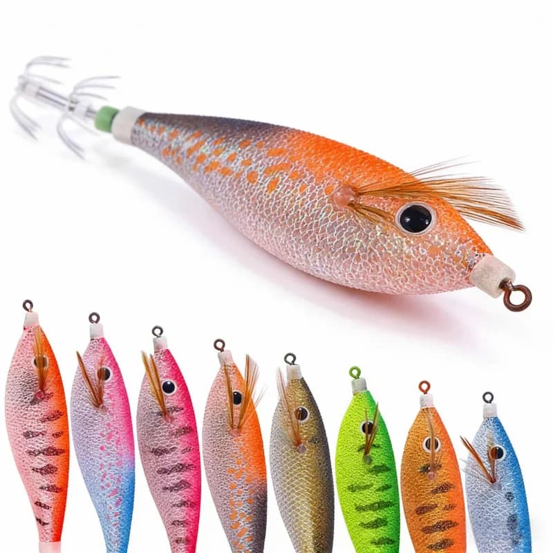 Esca Luminosa in Legno a Forma di Gamberetto 11CM 13G, Set of Universal Ami for Calamari per il Pesca in Acqua Salata e Dolce con Esche Dure