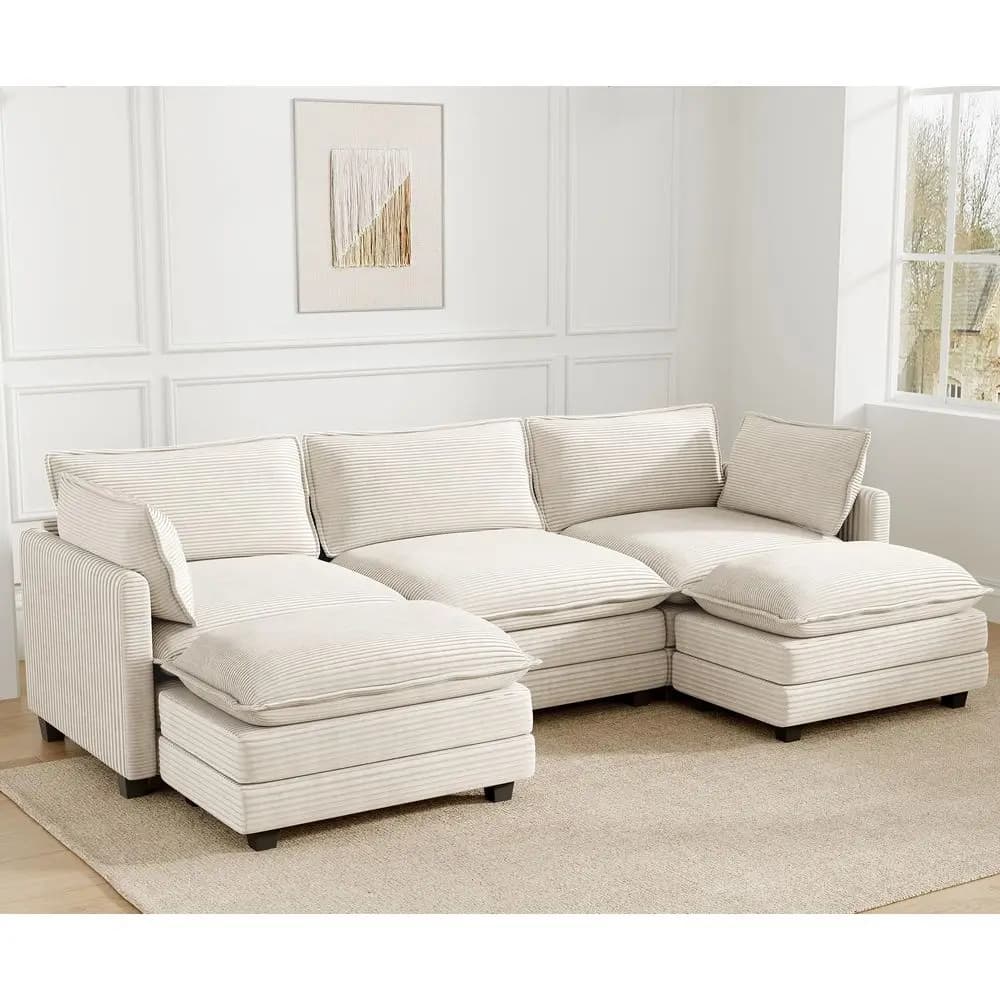 Divano Modulare a Nuvola, Divano a U Oversize a 5 Posti con 2 Pouf Mobili, 2 Cuscini Decorativi, Rivestimento in Tessuto