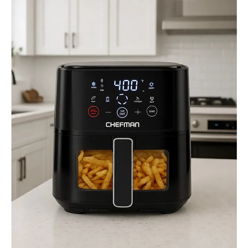 Friggitrice ad Aria Compatta da 4 Litri con Finestra Hi Fry Crisp, Controlli Touch, 4 Preimpostazioni, Cestello Antiaderente Lavabile in Lavastoviglie