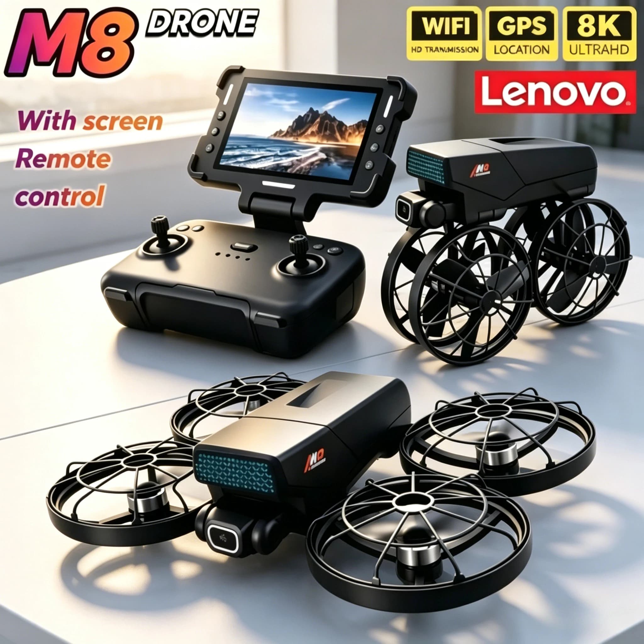Drone Pieghevole Lenovo M8 RC con Motore Brushless, Schermo 8K, Doppia Fotocamera HD Professionale, WIFI, Evitamento Ostacoli, Quadricottero Giocattolo