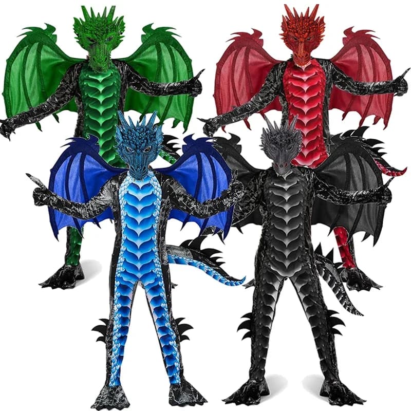 2025 Nuovo arrivo Drago Tuta con ala e maschera Vestito di Halloween Bambino Ragazzi Nero Blu Drago Costume Halloween Dress Up