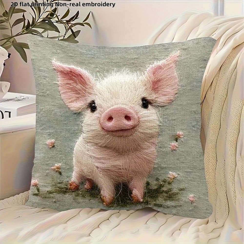 1pc Cute Fluffy Pig Print Square Throw Pillow Case Farm Animal Themed Sofa Cushion Cover Home Decor