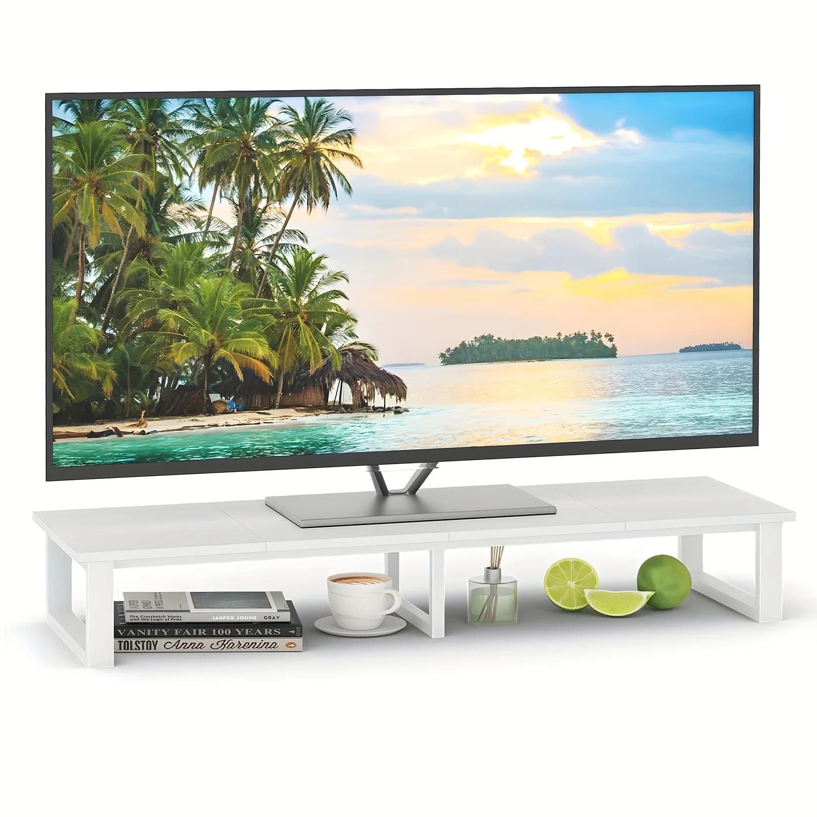 Supporto per TV da 47 Pollici con Meccanismo di Sollevamento per TV da 32-60 Pollici, Supporto con Gambe in Acciaio, Supporto da Scrivania per Casa e Ufficio, Supporto per Monitor con Vano Portaoggetti