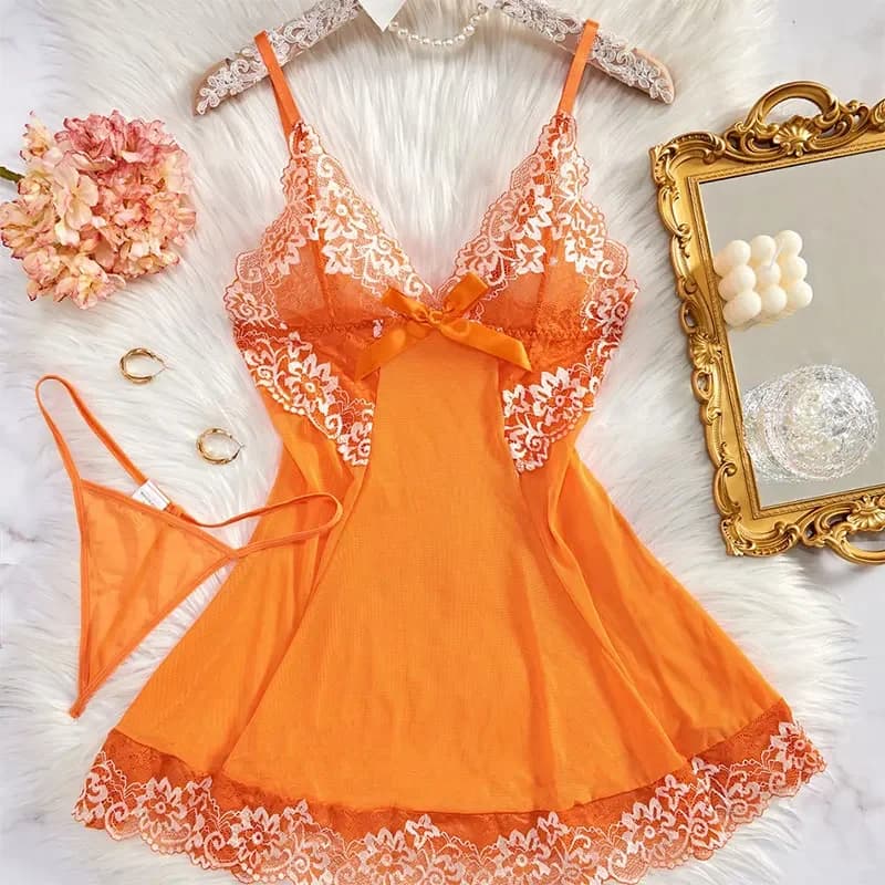 Camicia da notte sexy da donna, vestito elegante ricamato con spalline, set pigiama con perizoma, baby doll