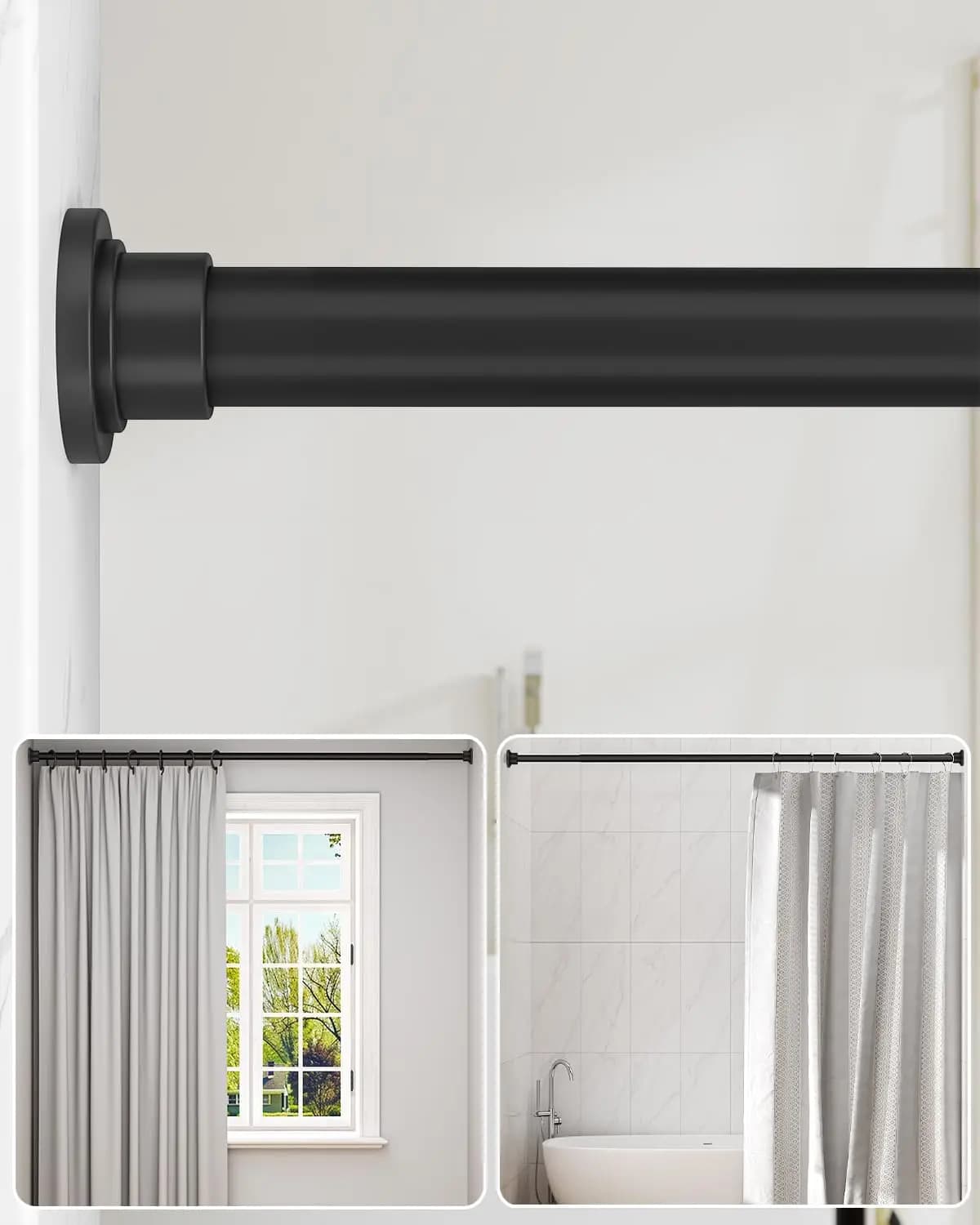 Asta per Tenda Doccia Regolabile e Resistente, 42-83 Pollici, Antiscivolo, Senza Foratura, Nera per Bagno o Finestra
