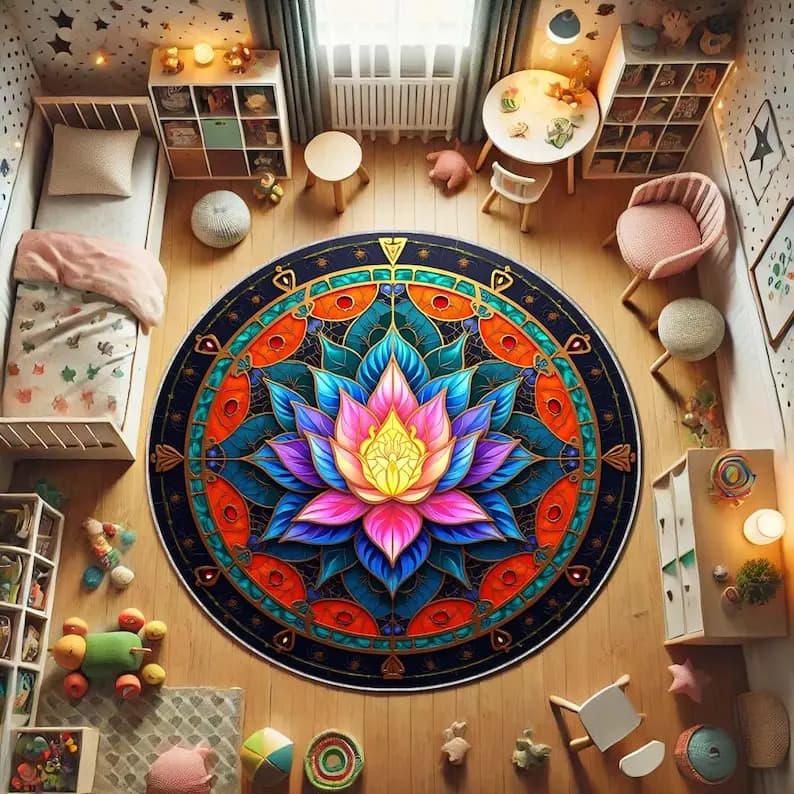 Blue Purple Lotus Round Carpet, Boho spiritual meditation mat for yoga room, colored carpet with Zen decorations with anti-slip gift design