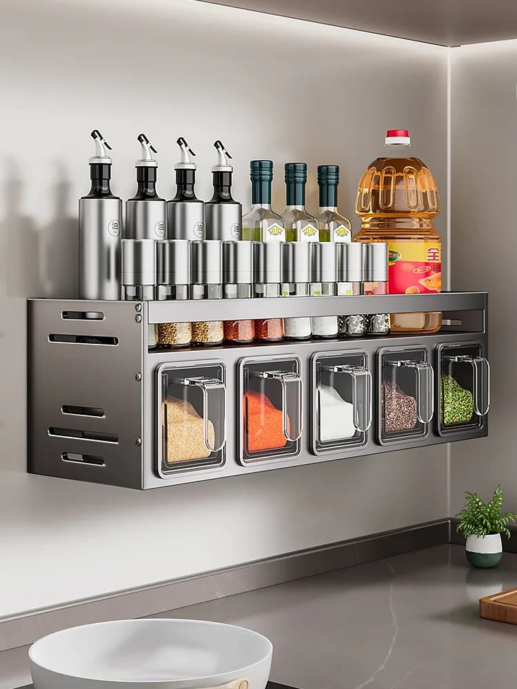 Organizzatore per Spezie da Cucina, Mensola a Parete Senza Foratura, Set Combinato Multifunzionale in Alluminio per Condimenti