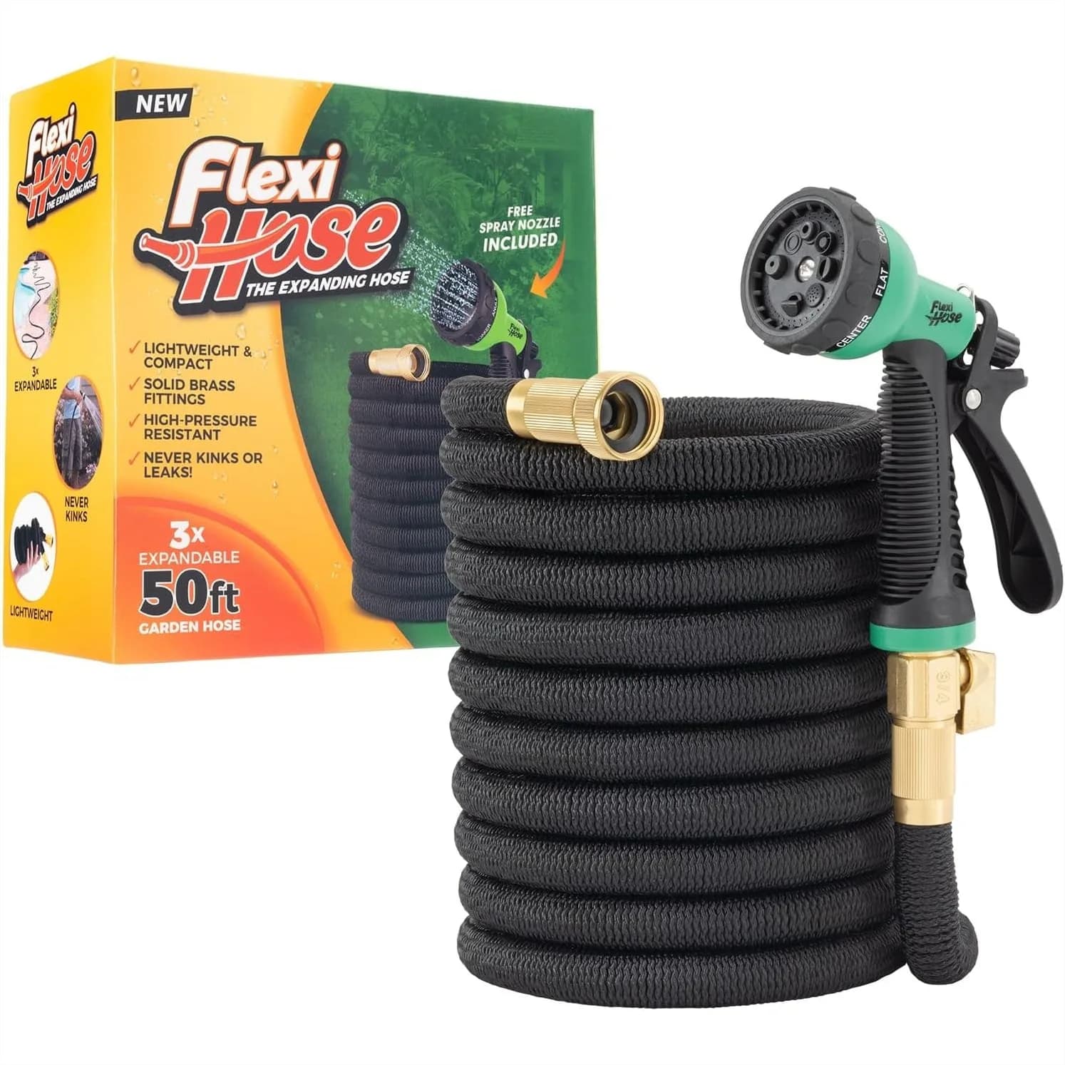 Tubo da Giardino Espandibile 15m con Ugello a 8 Funzioni, Tubo Acqua Leggero Retrattile con Raccordi in Ottone Massiccio e Anti-Piega