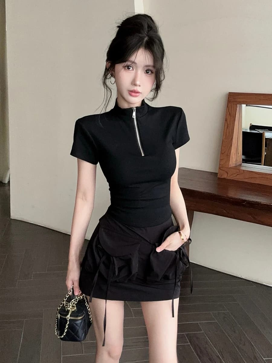 Slimming Effect Zipper Short Sleeve Knitted T-Shirt Top with Pocket And Wrap around Skirt Set for Young Women Casual Style