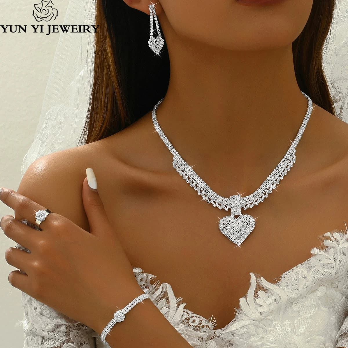 Collana, orecchini, bracciali, anelli, set di gioielli alla moda da donna con cuore di pesca da 5 pezzi, adatto per matrimoni, feste, regali di festival
