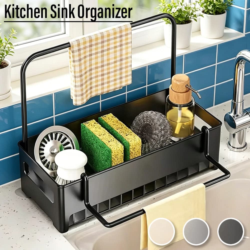 1PC Kitchen Sink Organizer with Towel Bar, Adjustable Plastic Sponge Holder for Kitchen Sink, Detachable Countertop Storage Rack