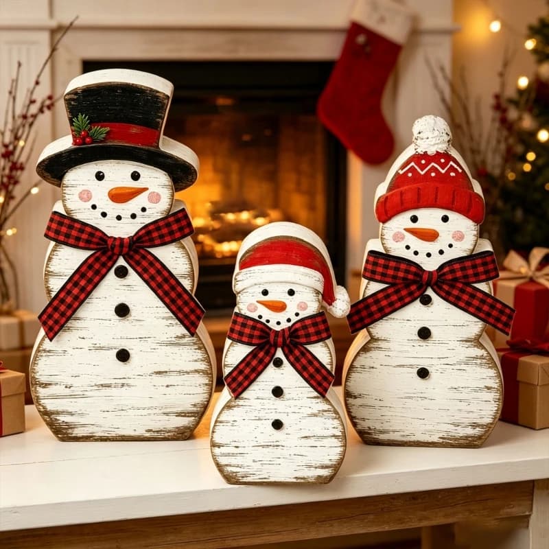 Christmas Snowman Wooden Block Sign Decors Set of 3, Farmhouse Holiday Tabletop Decorations for Shelf Styling, Counter Y5GB