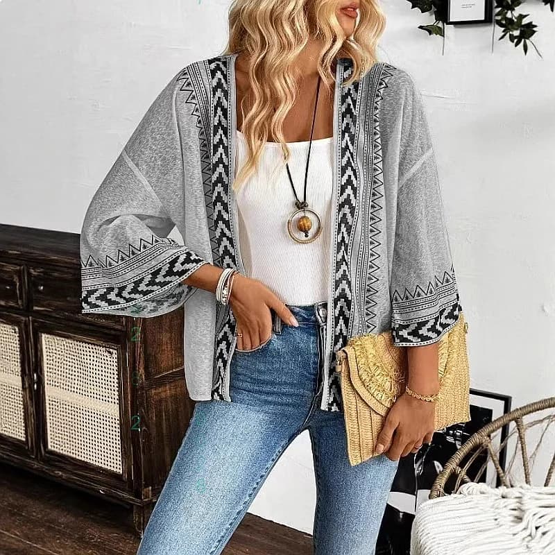 Summer Thin Sun Protection Cardigan Bohemian Print 3/4 Sleeve Open Front Shrugs Loose Blouse Tops