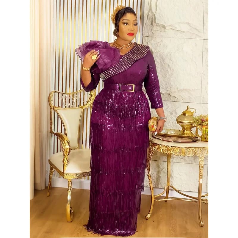 African Women's Plus Size New Sexy Tassel Evening Sequin Dress Turkey Dresses For Woman Luxury Elegant 2026 Muslim Maxi Robe