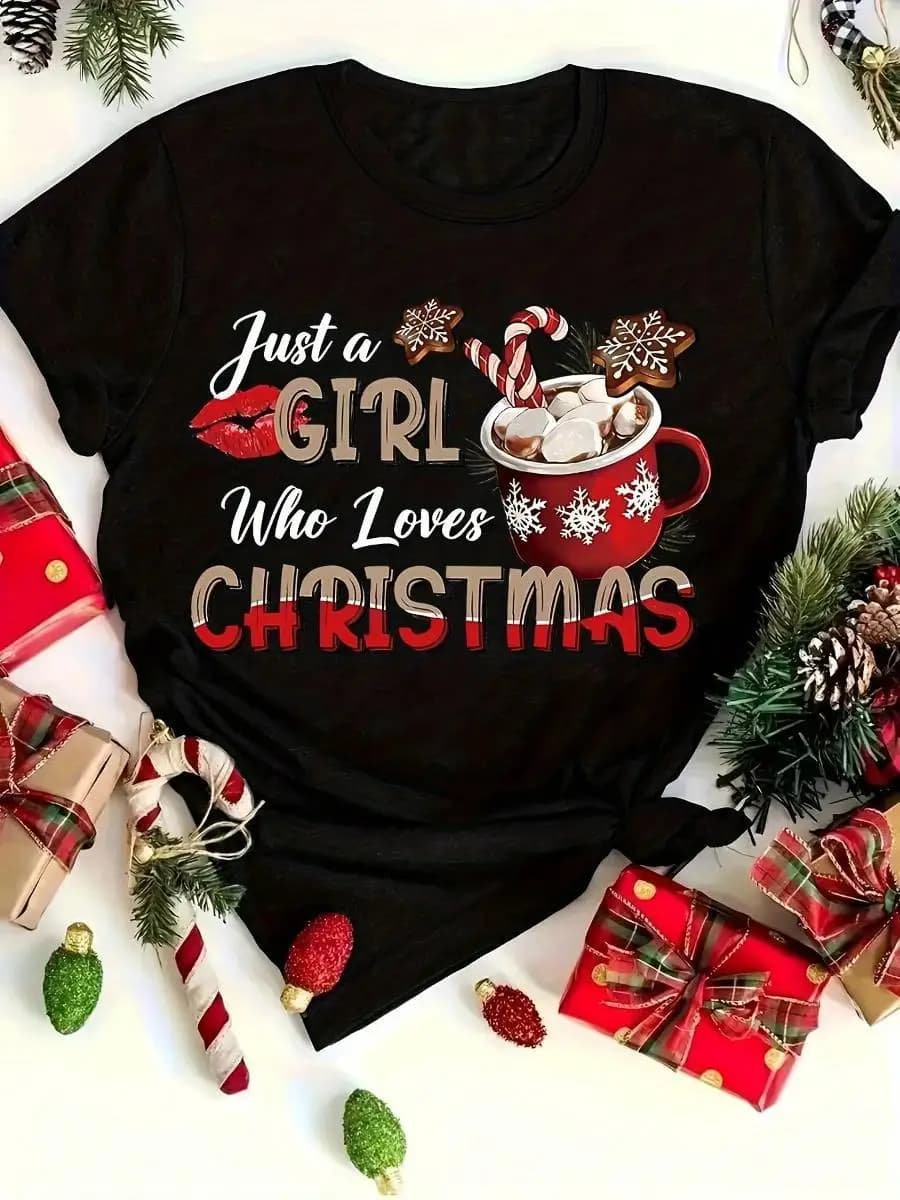Christmas Girl Pattern T-Shirt - Casual Crew Neck Short-Sleeve T-Shirt Featuring Festive Hot Cocoa, Marshmallows, Candy, And Gingerbread Cookie P