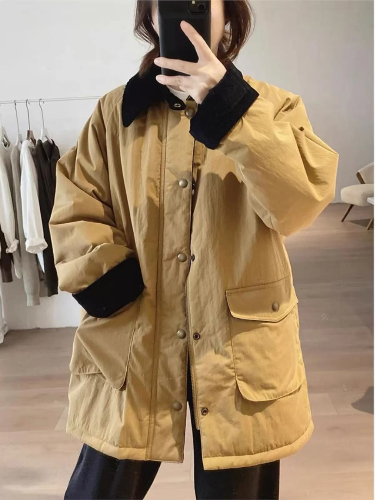 Japanese Workwear Style Mid-Length Thickened Cotton Jacket Women's Winter New Splicing Collar Loose Slimming Outerwear