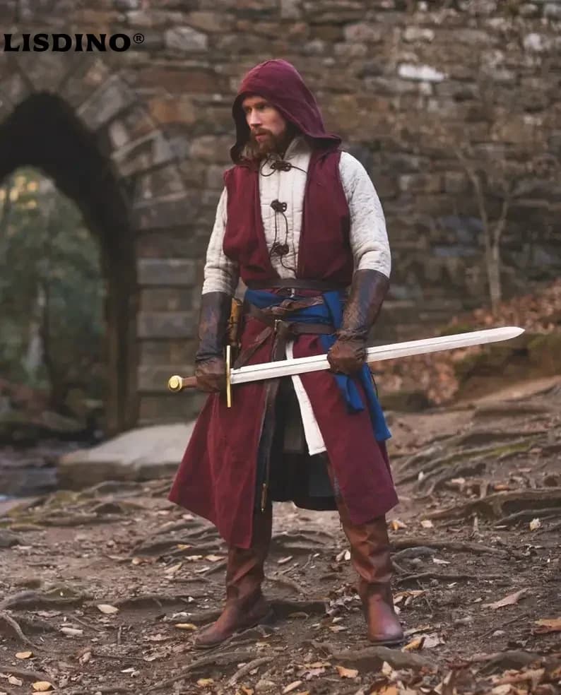 Soprabito aperto sul davanti - Indumento medievale in lino Abito celtico per adulti con cappuccio Mantello vichingo, Costume cosplay rinascimentale LARP