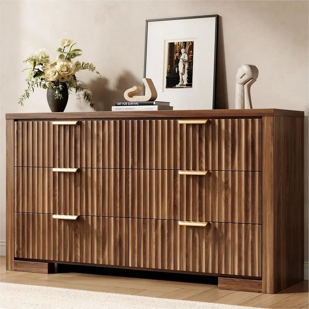 Walnut Drawer Set with 6 Drawers, 54 Wide Chest with Metal Handles, Storage Drawer Organizer for Living Spaces