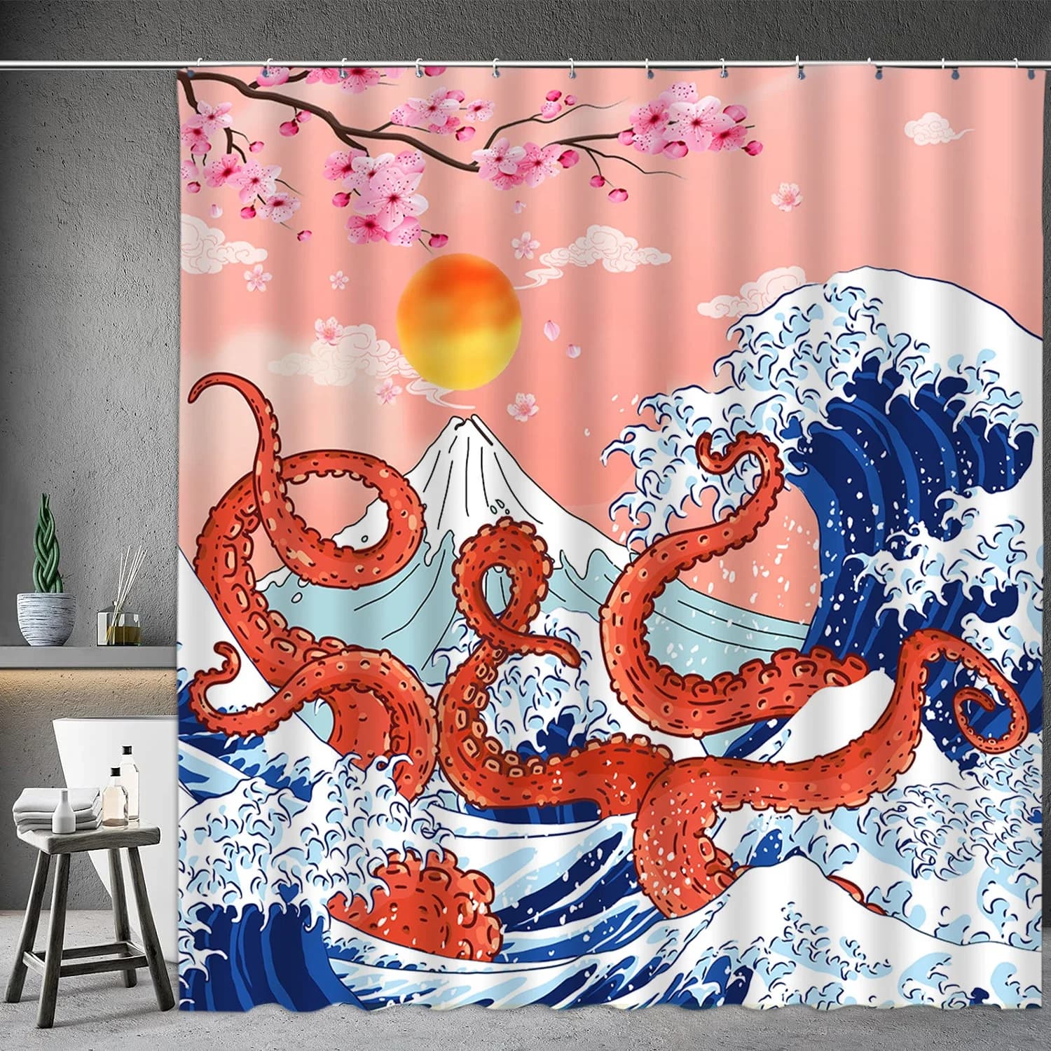 Tenda da doccia asiatica giapponese tradizionale bianco e nero Mt. Fuji Cherry Blossom Fish Waves Red Sun Octopus decorazione del bagno