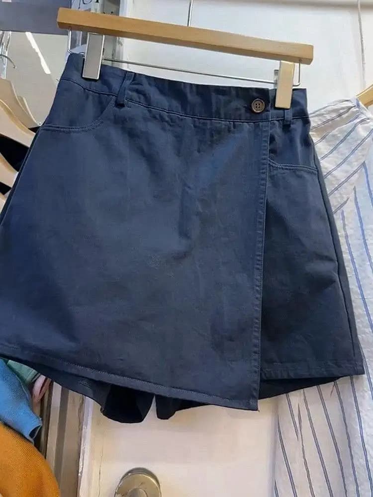 Pantaloncini Casual a Vita Alta da Donna Estate 2026, Pantaloncini Corti a Vita Alta con Bottoni Laterali Irregolari, Versatili, Blu, a Gamba Larga