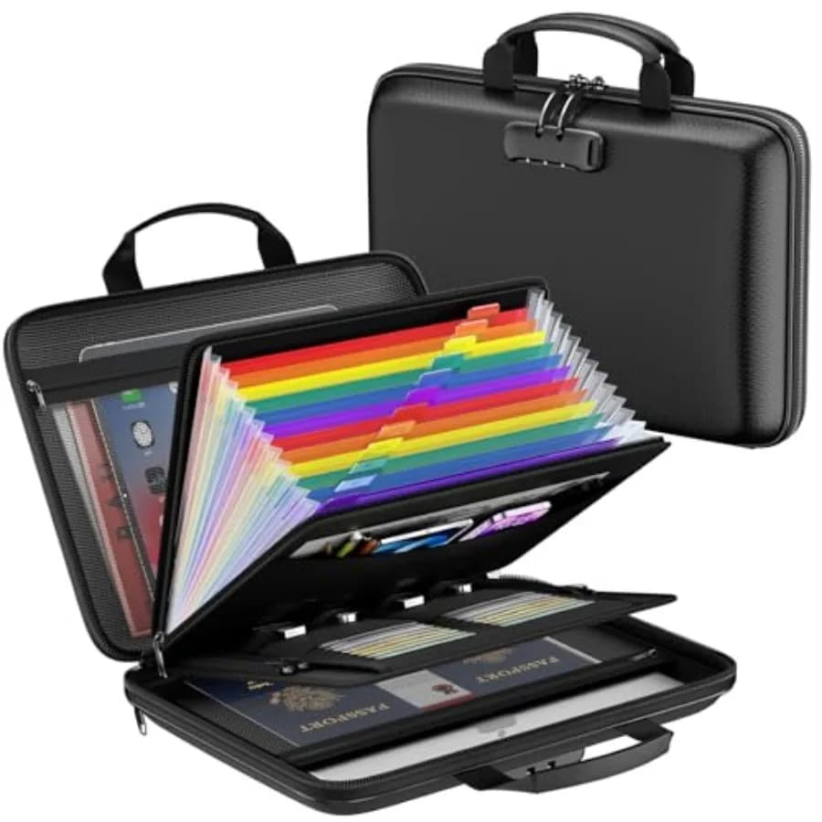 Organizzatore di Documenti Ignifugo con Serratura, Grande Scatola Portadocumenti a 13 Tasche, Cartella Espandibile Rigida Portatile per Archiviazione Sicura