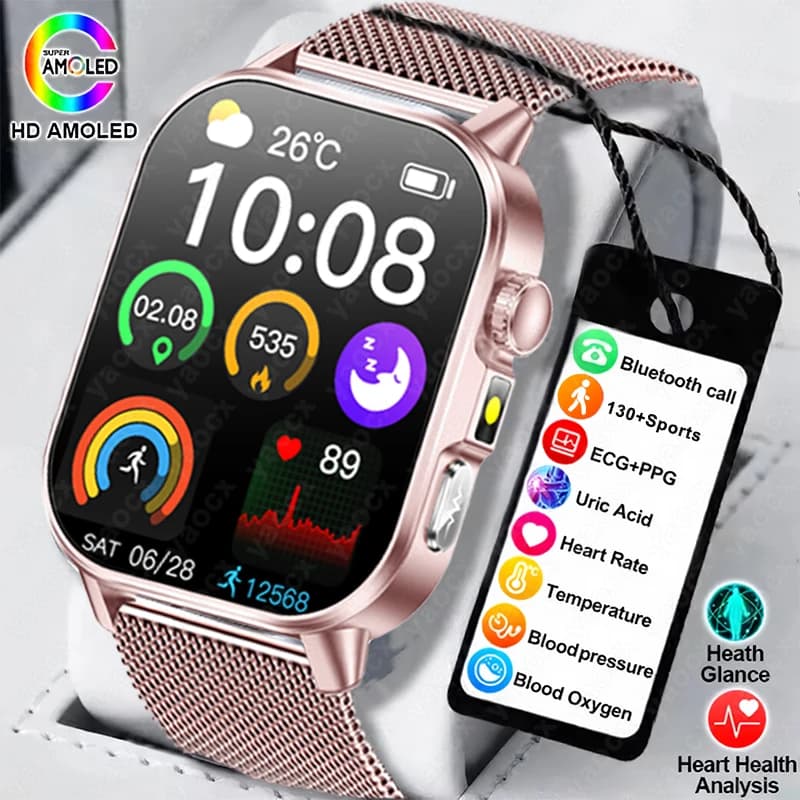 2026 Precise Health Care SmartWatch ECG + HRV Urico Acid Blood Hazards 130+ Sport Call BT 450mAh Smartwatch