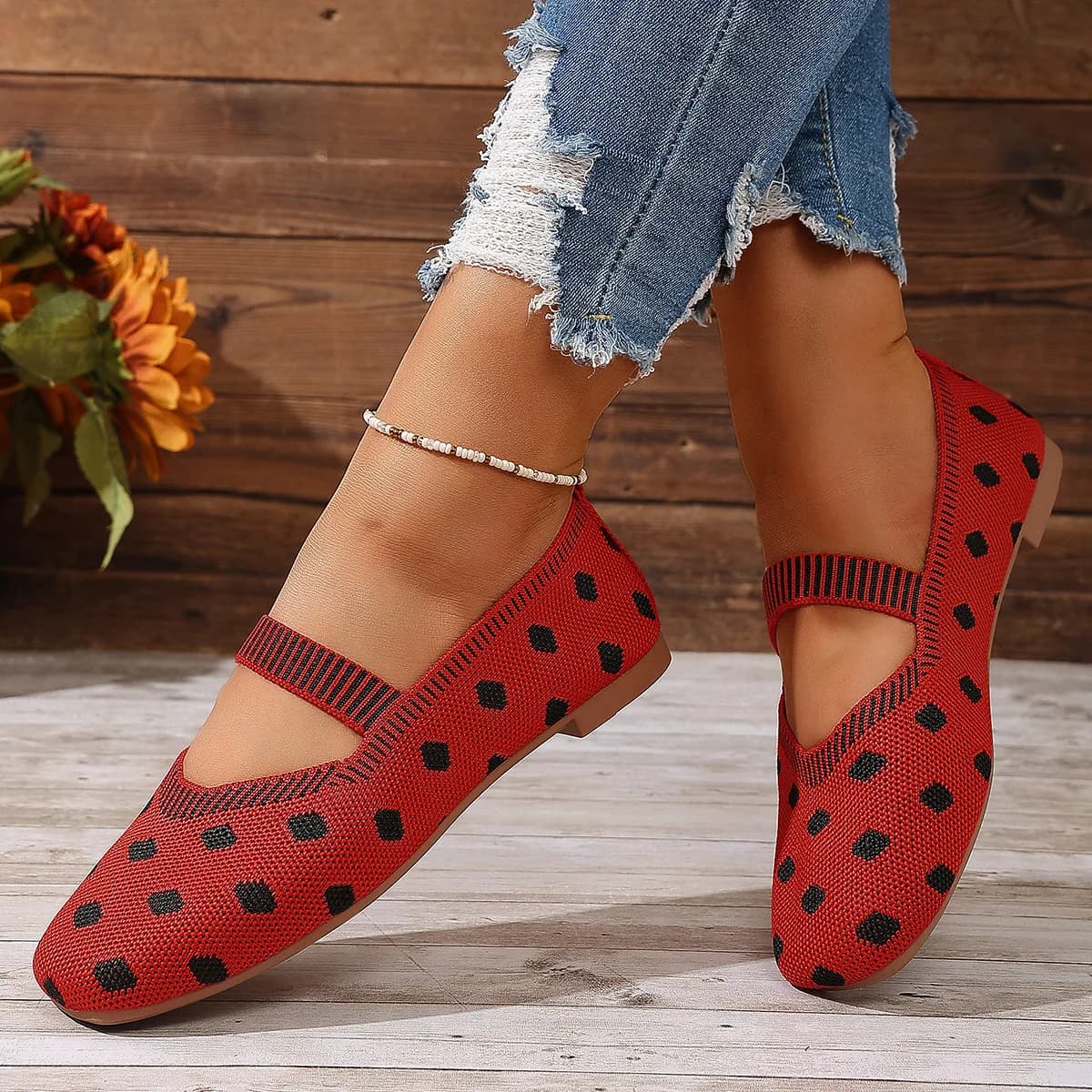 Retropolka-dot Flying Woven Mary Jane Shoes Women's Shallow Mouth and One Pedal Square Head Design Casual Shoes Flat Daily Shoes