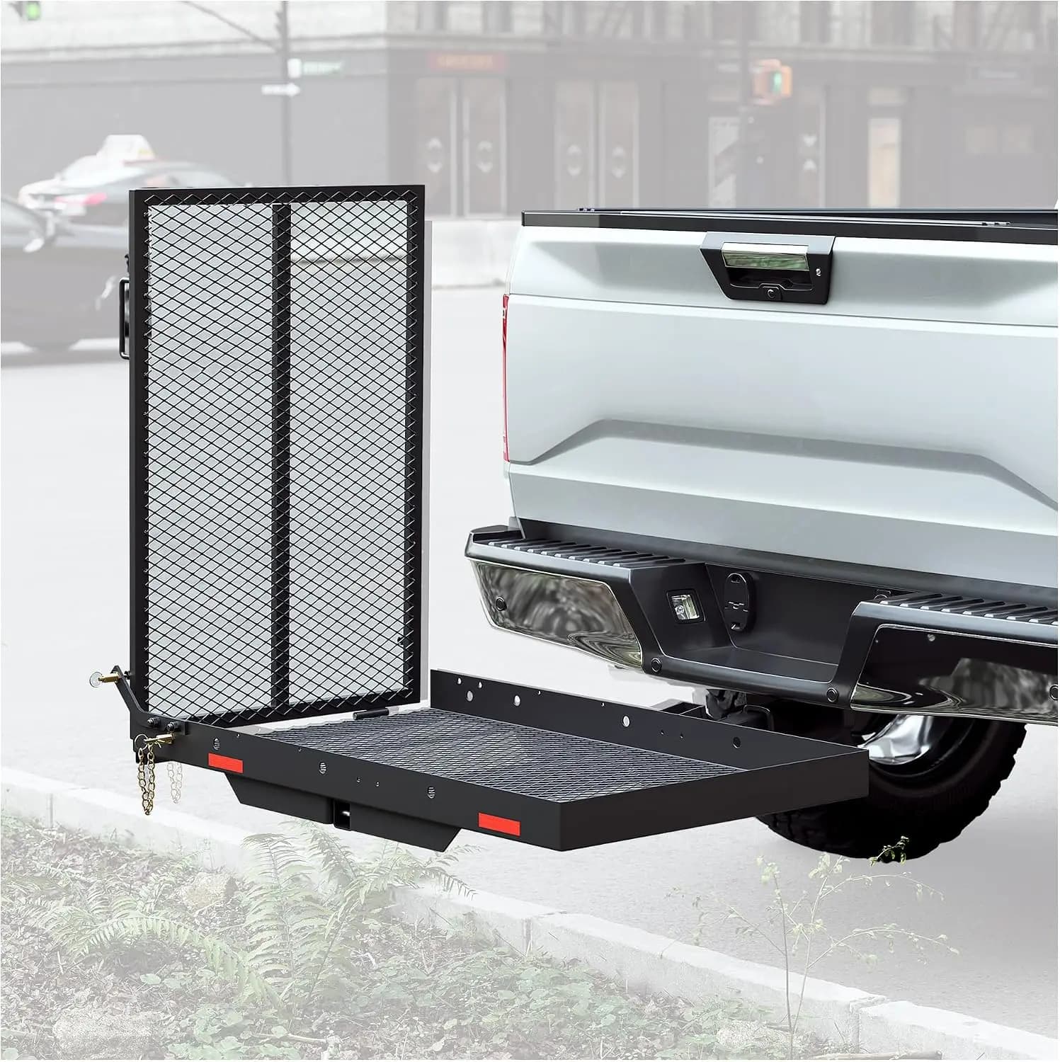 Heavy Duty Steel Hitch Mount Mobility Scooter Carrier Rack, Vehicle Cargo Basket Luggage Holder With Integrated Folding Loading Ramp, Outdoor Travel Utility, Black, 1 Piece