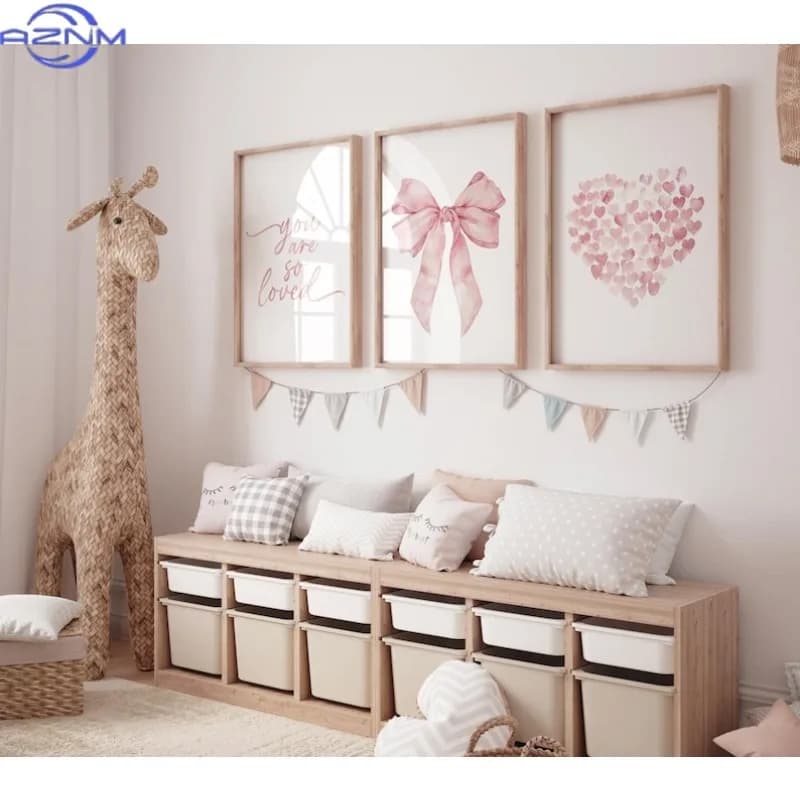 3pcs (Unframed Canvas Posters) 3pcs (Unframed Canvas Posters) Pink Bow 'S Room Poster: Watercolor