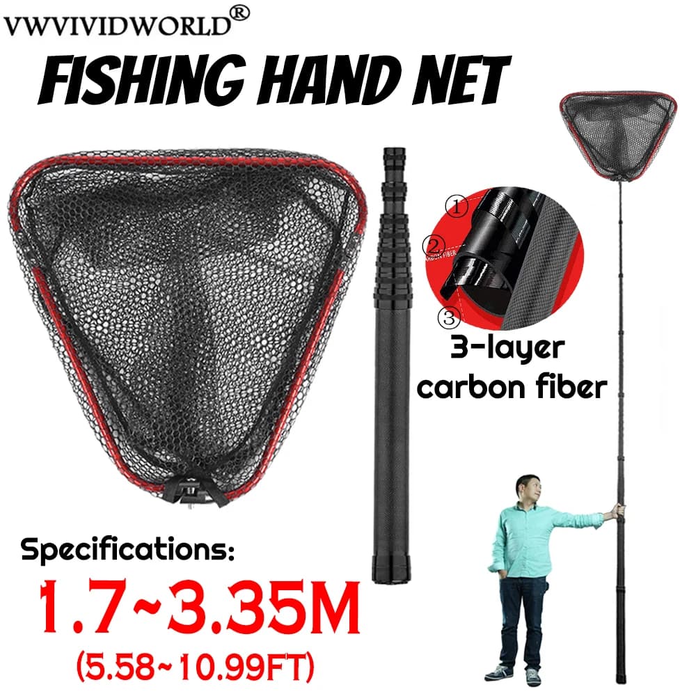 VWVIVIDWORLD Marca, 1,7 m-3,35 m, portatile, fibra di carbonio a 3 strati, rete da pesca, manico telescopico pieghevole, attrezzatura da pesca