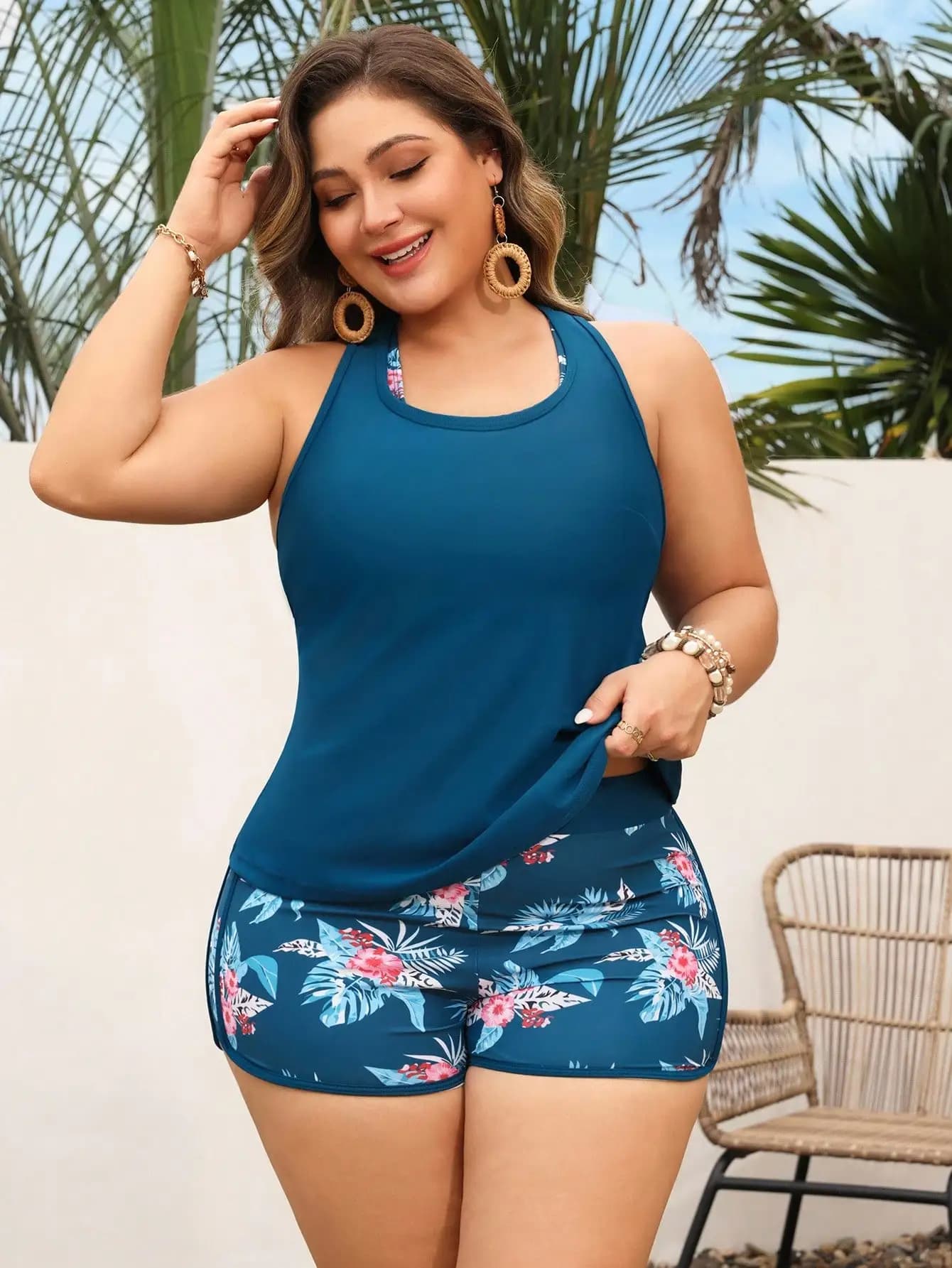 3-piece swimsuit for women with strong sizes, with floral print, sleeveless top, shorts and shorts for beach and pool