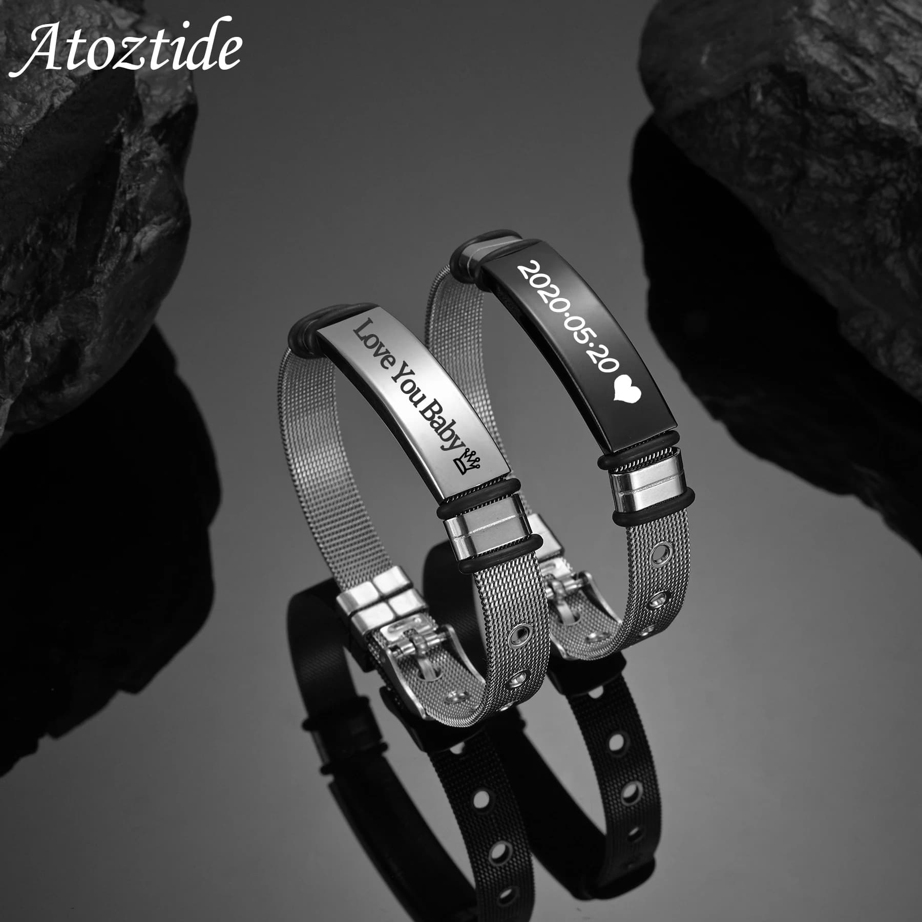 Atoztide Custom Name Bracelets Wristband Chain Stainless Steel Adjusted Personalized Engraved Date for Men Bangle Jewelry Gift