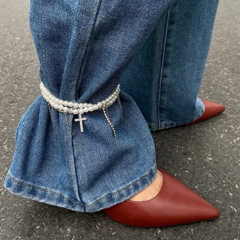 Pearl Cross Tassel Beaded Pants Ankle Chain For Women Foot Chains Jeans Jewelry Trouser Leg Decorative Clothing Accessories
