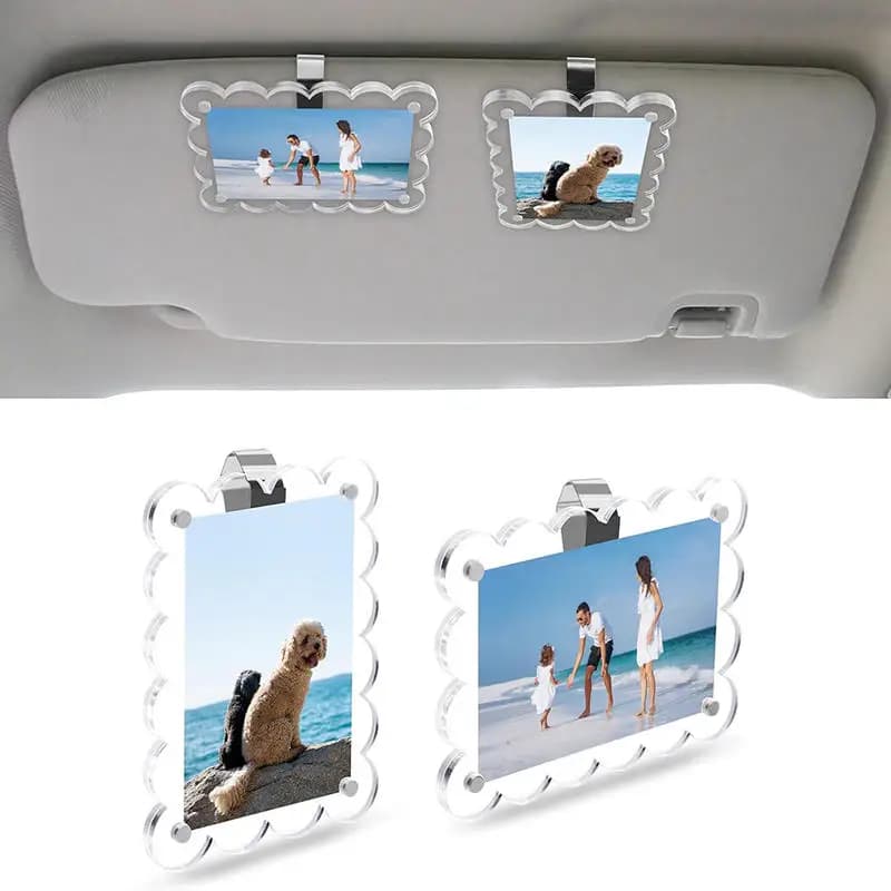 Portafoto per Parasole Auto – Clip Magnetica per Foto su Visiera Auto, Espositore Verticale per Foto, Cornice Trasparente in Acrilico per Auto