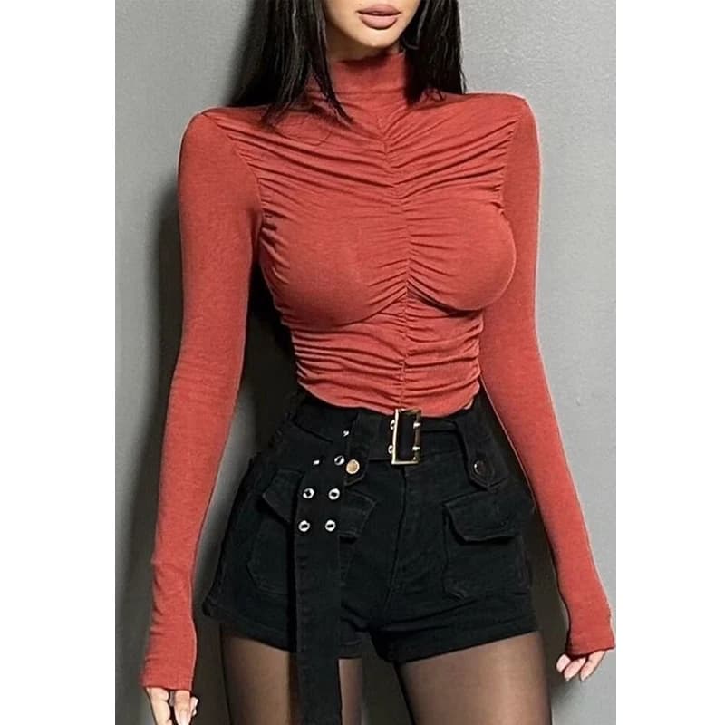 T-shirt a pieghe sottili sexy Primavera Autunno Nuova manica lunga Solid All-match Pullover eleganti Top High Street Fashion Abbigliamento donna