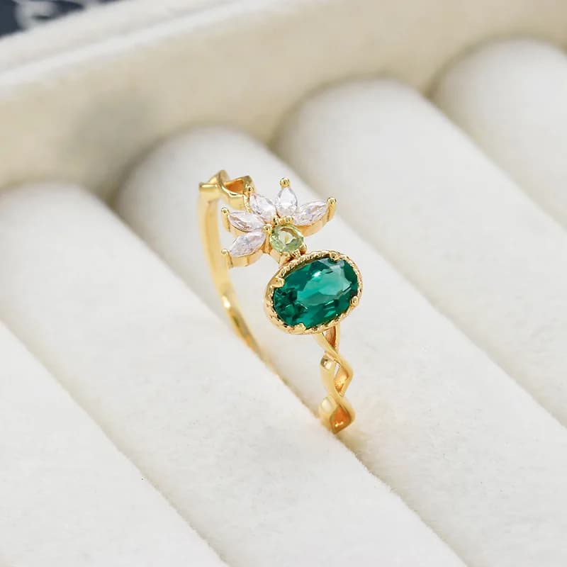 Women's Fine Rings 925 Sterling Silver Plated Gold Party Accessories Flower Ring with Natural Green Crystal Gemstone RI225