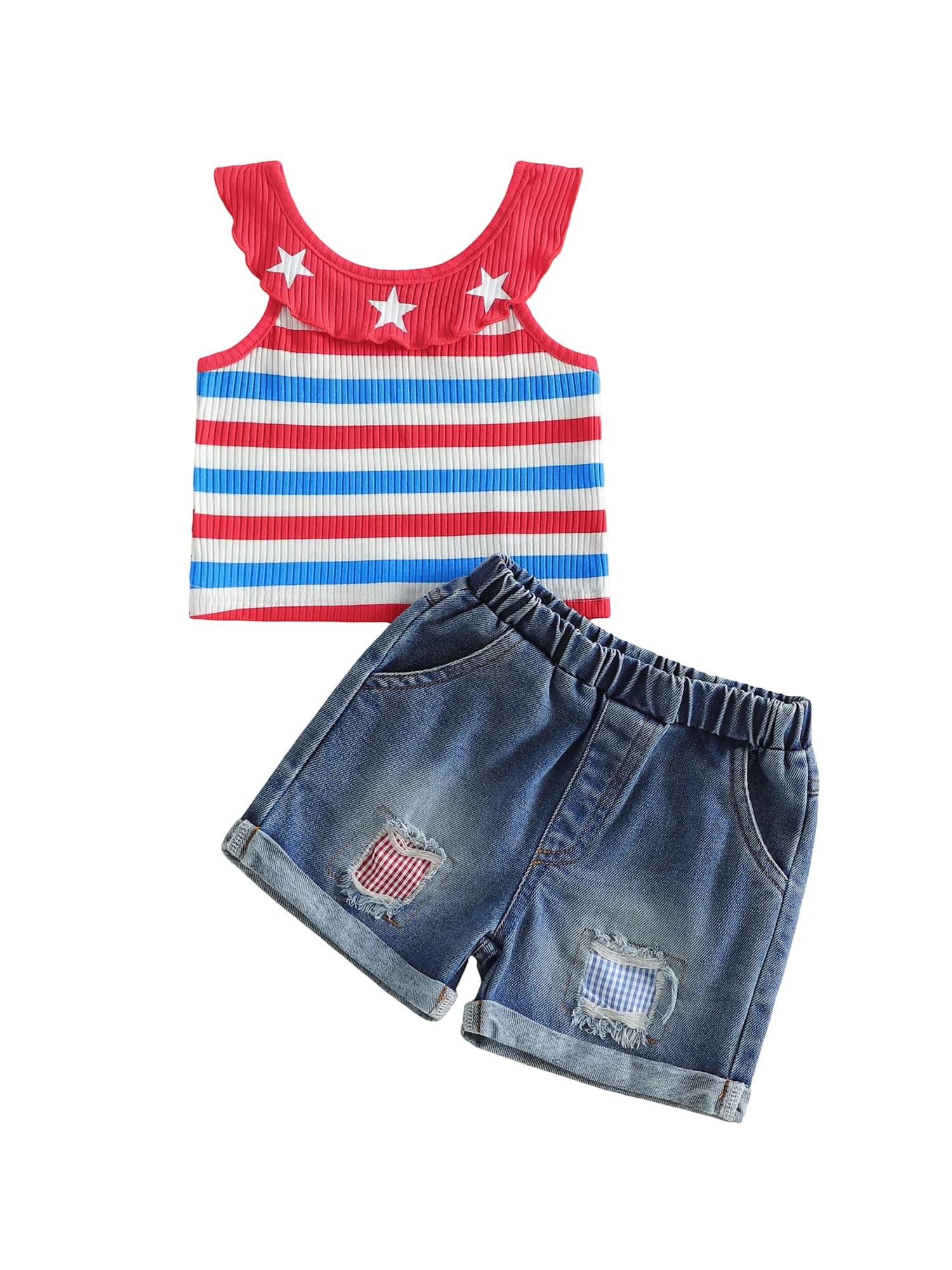 Set di pantaloncini in denim con elastico in vita e top senza maniche con stampa a righe e stelle per ragazze del quarto di luglio per il Giorno dell'Indipendenza