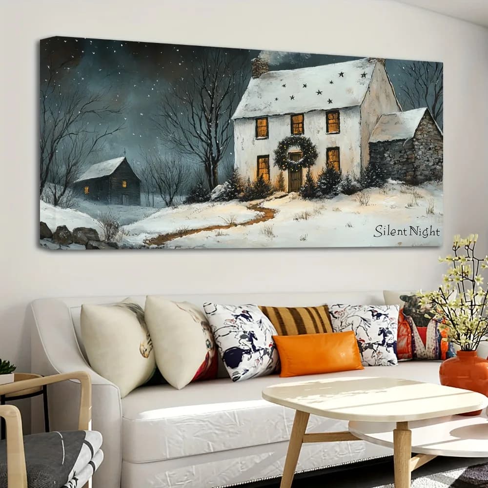 1.5 inch thick pine solid wood frame, Christmas cabin art, winter tree landscape, hanging image for interior decoration