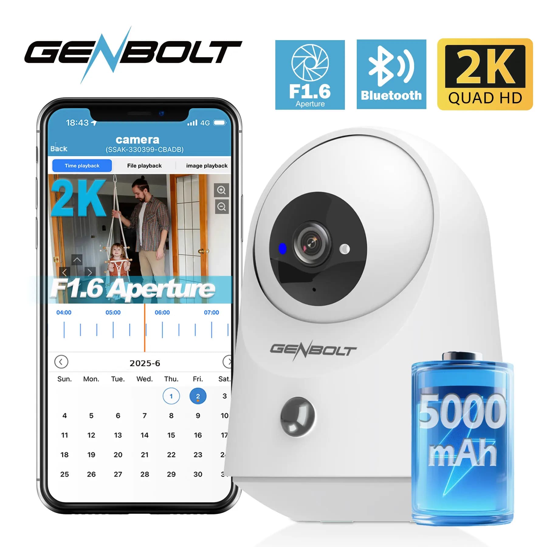 GENBOLT Telecamera di Sicurezza WiFi 2K per Interni, Wireless Pan Tilt, Telecamera per Animali Domestici, Batteria 5000mAh, IP CCTV, Nanny Cam, Baby Monitor, Rilevamento PIR