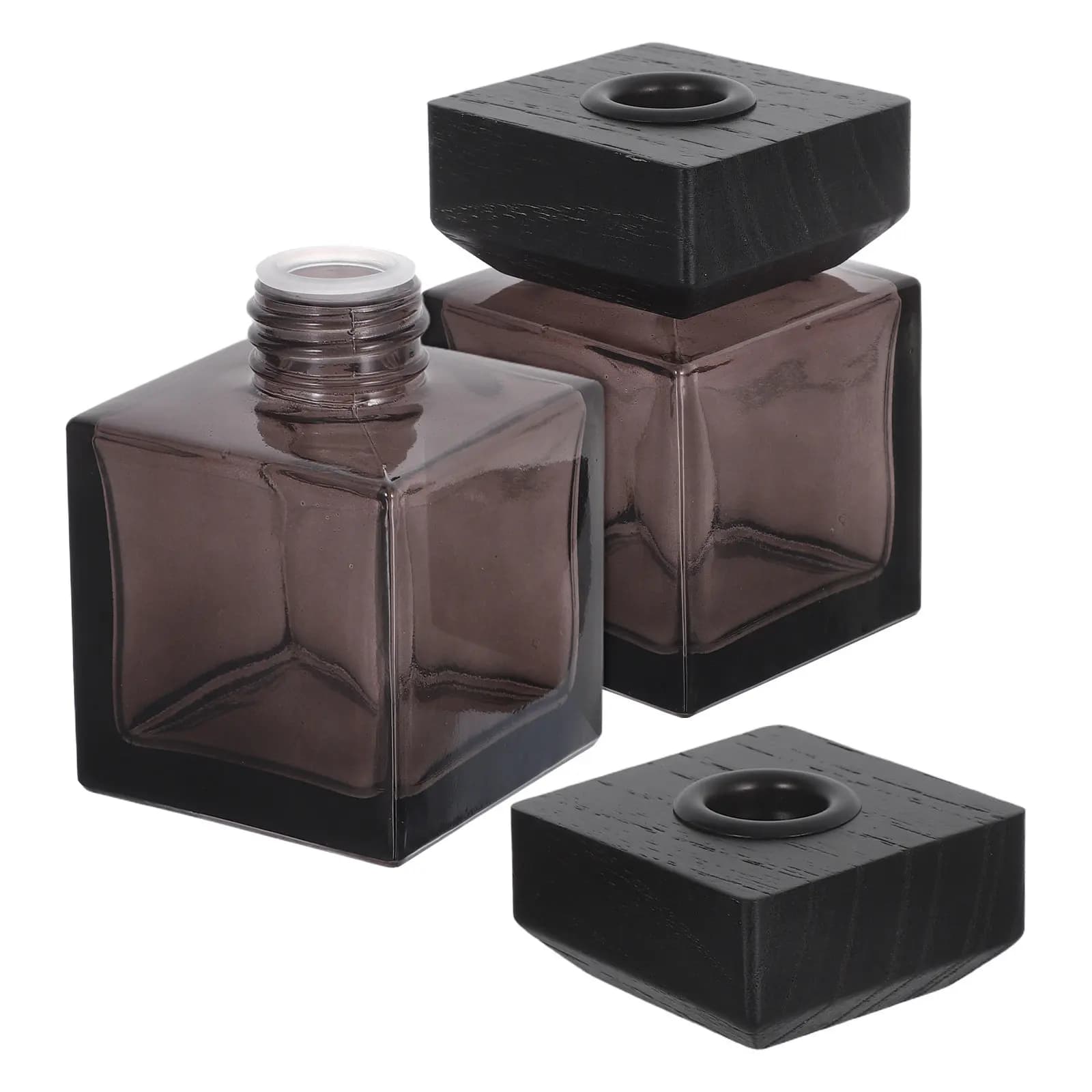2 Bottiglie Diffusore in Vetro Quadrate da 100ml Ricaricabili, Contenitore per Aromaterapia con Coperchio in Legno, Bottiglia Diffusore di Oli Essenziali per Camera da Letto e Auto